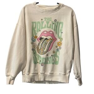 American Eagle Outfitters Cream Rolling Stones Graphic Scoop Sweatshirt